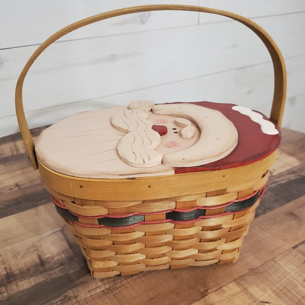 Vintage Santa woven hinge basket with swivel handle Christmas country folk art